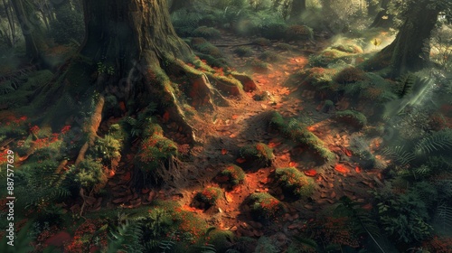 Sunlight Dappling Through the Forest - A sunlit forest path with green moss, ferns, and fallen leaves, the sunlight creating a magical atmosphere.