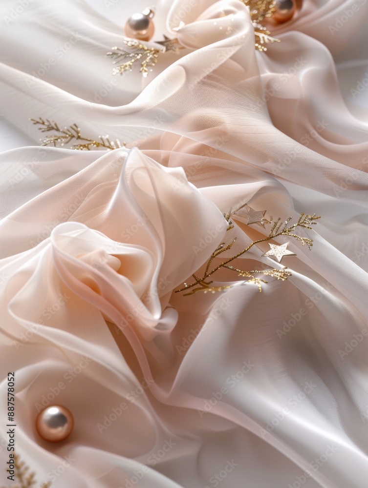 Elegant Christmas Decoration with Flowing Pastel Ribbon and Festive Ornaments in Soft Light Elegant Christmas Decoration with Flowing Pastel Ribbon and Festive Ornaments in Soft Light