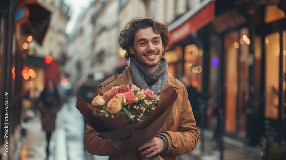 Happy young man holding a flower bouquet in his hands, going to a romantic date in Paris Happy young man holding a flower bouquet in his hands, going to a romantic date in Paris