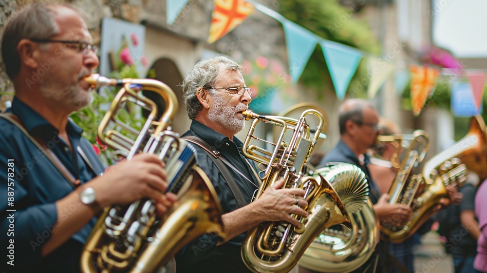 Obraz premium Musicians playing traditional Bavarian instruments, including accordion and tuba in a charming village setting adorned with colorful banners and flags during a cultural celebration Stock Photo with