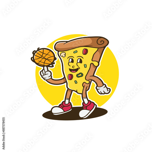 mascot character pizza with basketball good for logo, brand, groovy mascot, element design, food mascot, food logo
