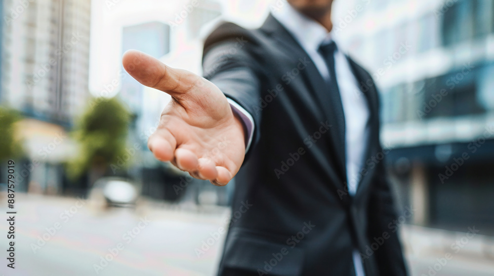 Businessman in a suit reaching out for a handshake on a city street, symbolizing partnership, collaboration, and professional connection. Businessman in a suit reaching out for a handshake on a city street, symbolizing partnership, collaboration, and professional connection.