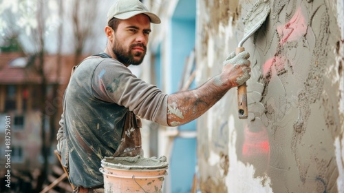 Wallpaper Mural Young Male Mason Applying Cement with Trowel from Bucket on Construction Site, Full-Length View, Highlighting Building Industry and Renovation Themes for Article Illustration, Marketing Campaign Banne Torontodigital.ca