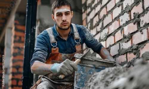 Wallpaper Mural Young Male Mason Applying Cement with Trowel from Bucket on Construction Site, Full-Length View, Highlighting Building Industry and Renovation Themes for Article Illustration, Marketing Campaign Banne Torontodigital.ca