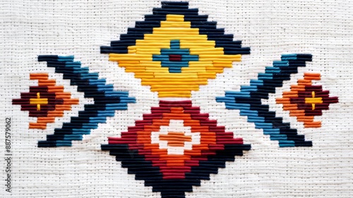 Colorful and intricate ethnic geometric cross stitch design, with detailed patterns and bright colors photo