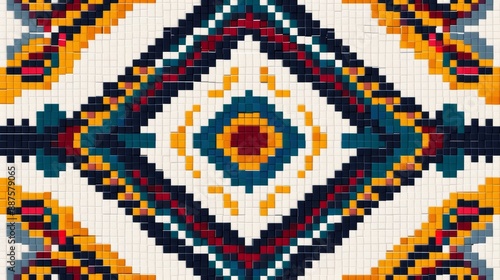 Colorful and intricate ethnic geometric cross stitch design, with detailed patterns and bright colors photo