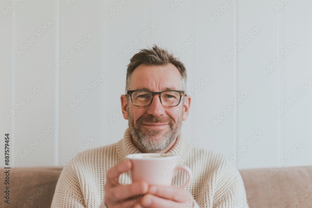 Middle-Aged White Man Offering Coffee in Cozy Office Lounge, Exemplifying Warm Workplace Culture Middle-Aged White Man Offering Coffee in Cozy Office Lounge, Exemplifying Warm Workplace Culture