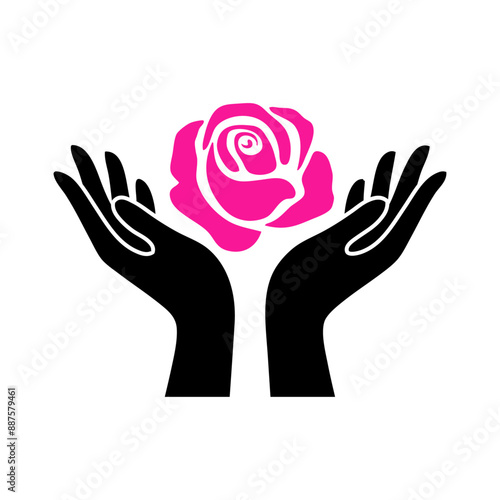 Logo jardín. Silueta de manos de mujer con la palma hacia arriba con flor rosa