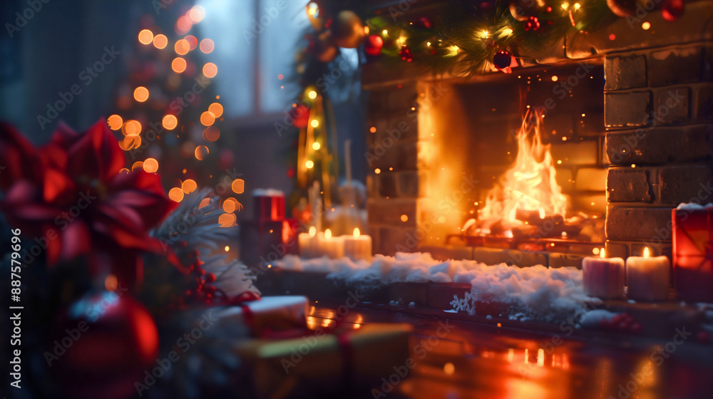 Naklejka premium Christmas New Year's decoration of a home interior with garlands, pine branches or tree above the fireplace adorned with ornaments, snow, and presents or gift boxes, winter holiday design living room