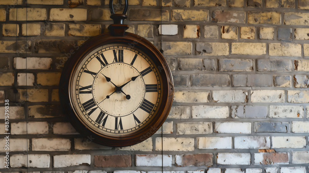 Fototapeta premium An old round clock with an elegant vintage design on a brick wall, showing hours and minutes with Roman numerals and black hands in circle, a symbol of classic, countdown, seconds, decor. Architecture