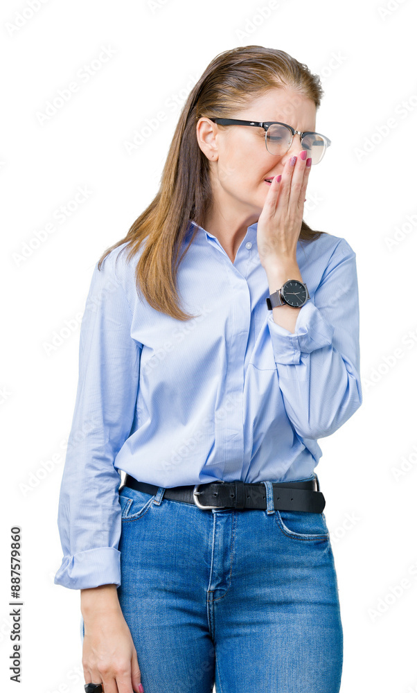 Beautiful middle age mature business woman wearing glasses over isolated background bored yawning tired covering mouth with hand. Restless and sleepiness. Beautiful middle age mature business woman wearing glasses over isolated background bored yawning tired covering mouth with hand. Restless and sleepiness.