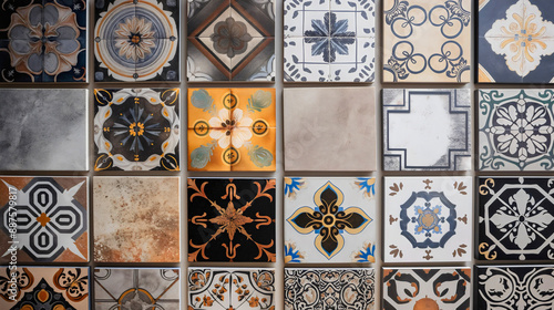 Fototapeta Naklejka Na Ścianę i Meble -  A set of ceramic tiles with different designs, various ornaments, colors, shapes, and patterns, wall decor, interior decoration, creative abstract texture, modern colorful stone squares, retro mosaic.