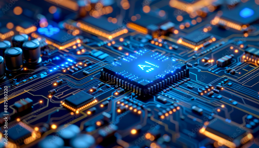 A computer chip with the letters A and I on it. The chip is surrounded by a blue and orange background A computer chip with the letters A and I on it. The chip is surrounded by a blue and orange background