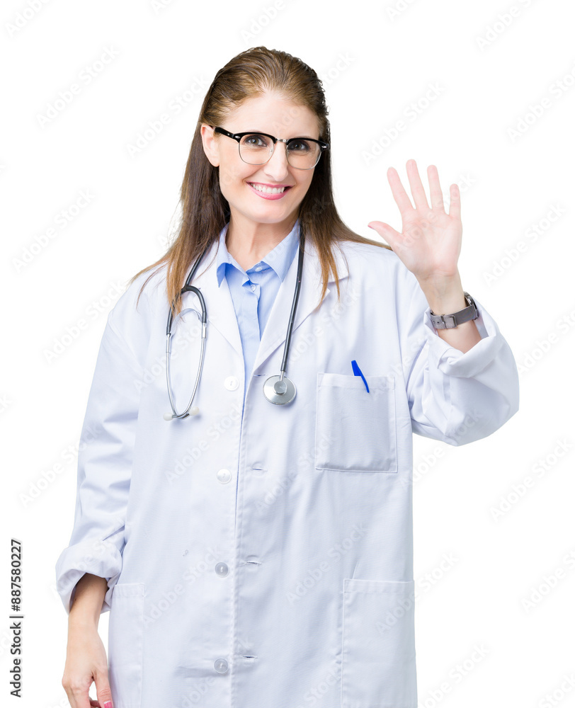 Middle age mature doctor woman wearing medical coat over isolated background Waiving saying hello happy and smiling, friendly welcome gesture Middle age mature doctor woman wearing medical coat over isolated background Waiving saying hello happy and smiling, friendly welcome gesture