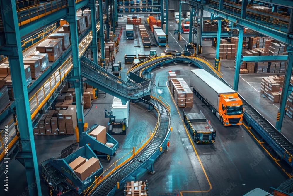 A busy logistics center with conveyor belts, package sorting, and delivery trucks A busy logistics center with conveyor belts, package sorting, and delivery trucks