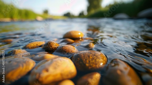 Close-up of smooth pebbles in a calm river with blurred background. Perfect for nature and landscape themed projects. photo