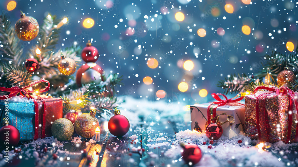 A festive background for Christmas and New Year holidays features twinkling lights, decorated Christmas trees, and shimmering ornaments A festive background for Christmas and New Year holidays features twinkling lights, decorated Christmas trees, and shimmering ornaments