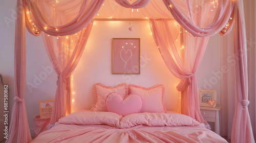 A pink bedroom with a canopy bed and pink pillows, princess themed nursery room interior design