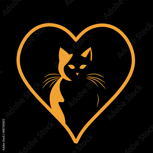 Illustration of orange cat with heart on black background 