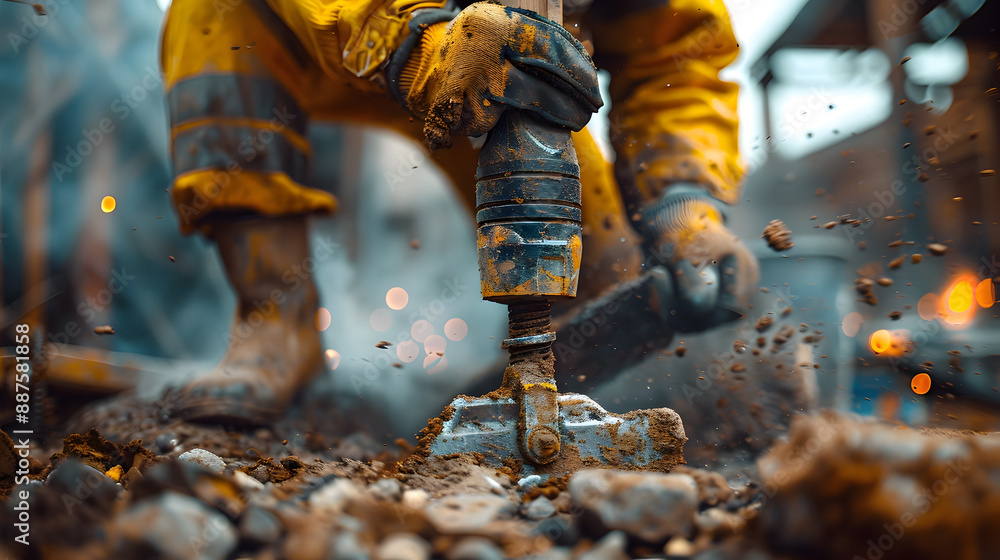 Closeup portrait of a rugged construction worker intensely operating a powerful jackhammer details of his physical exertion and focus visible at an urban job site Closeup portrait of a rugged construction worker intensely operating a powerful jackhammer details of his physical exertion and focus visible at an urban job site