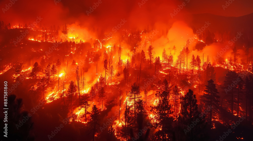 Raging wildfires engulfing forests, the increased frequency and intensity of wildfires due to climate change Raging wildfires engulfing forests, the increased frequency and intensity of wildfires due to climate change