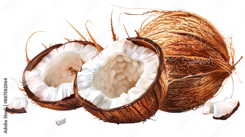 Close-up of whole and halved coconuts with textured shells and white flesh, isolated on white background. Perfect for food, health, and tropical themes. Close-up of whole and halved coconuts with textured shells and white flesh, isolated on white background. Perfect for food, health, and tropical themes.