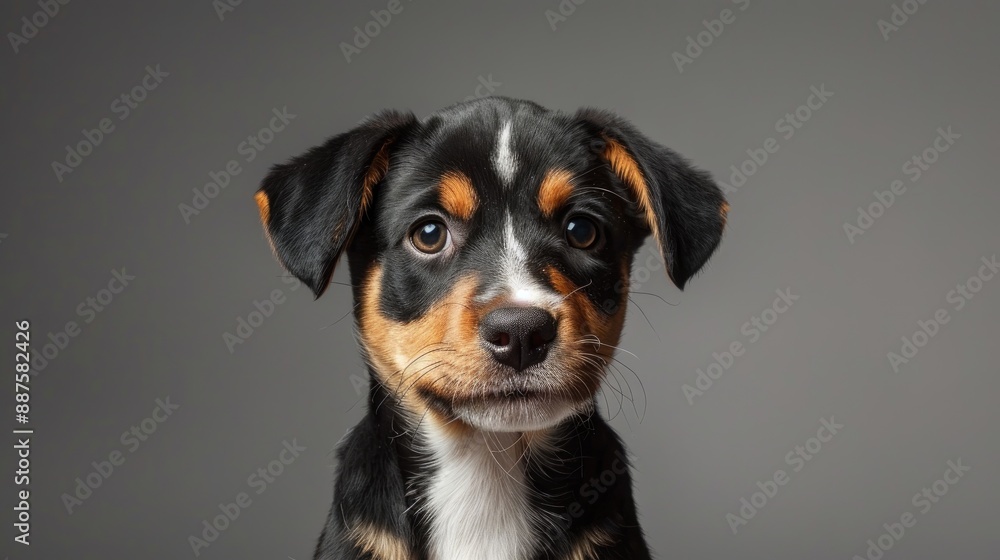 Puppy photographed in studio against gray backdrop Puppy photographed in studio against gray backdrop