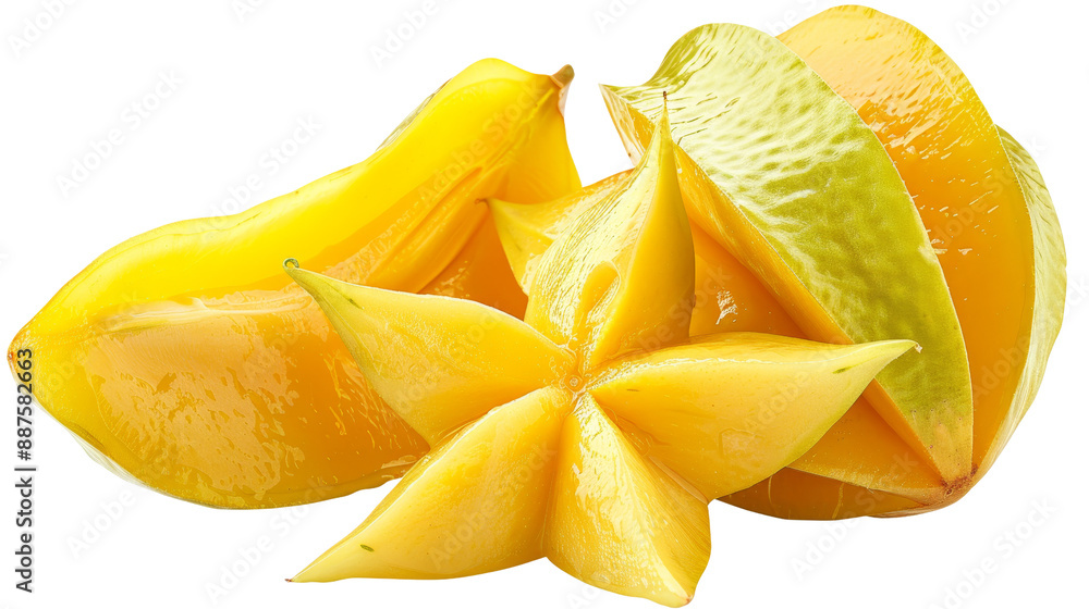 Fresh cut starfruit slices on white background. Vibrant yellow tropical fruit perfect for healthy eating and culinary presentations. Fresh cut starfruit slices on white background. Vibrant yellow tropical fruit perfect for healthy eating and culinary presentations.