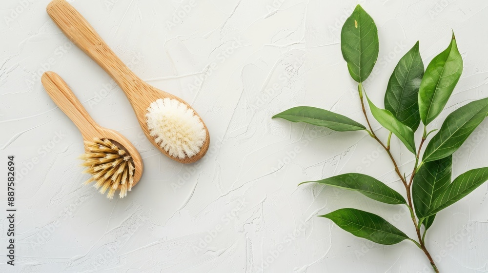 Sustainable bamboo brush for dishes with green leaf on textured white background within eco friendly kitchenware concept Sustainable bamboo brush for dishes with green leaf on textured white background within eco friendly kitchenware concept