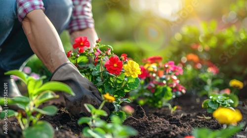 Fototapeta Naklejka Na Ścianę i Meble -  Gardener planting flowers in garden bed.