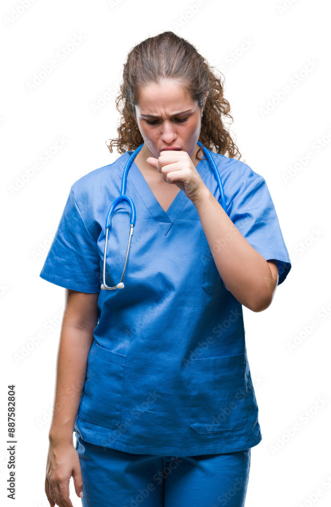 Young brunette doctor girl wearing nurse or surgeon uniform over isolated background feeling unwell and coughing as symptom for cold or bronchitis. Healthcare concept. Young brunette doctor girl wearing nurse or surgeon uniform over isolated background feeling unwell and coughing as symptom for cold or bronchitis. Healthcare concept.
