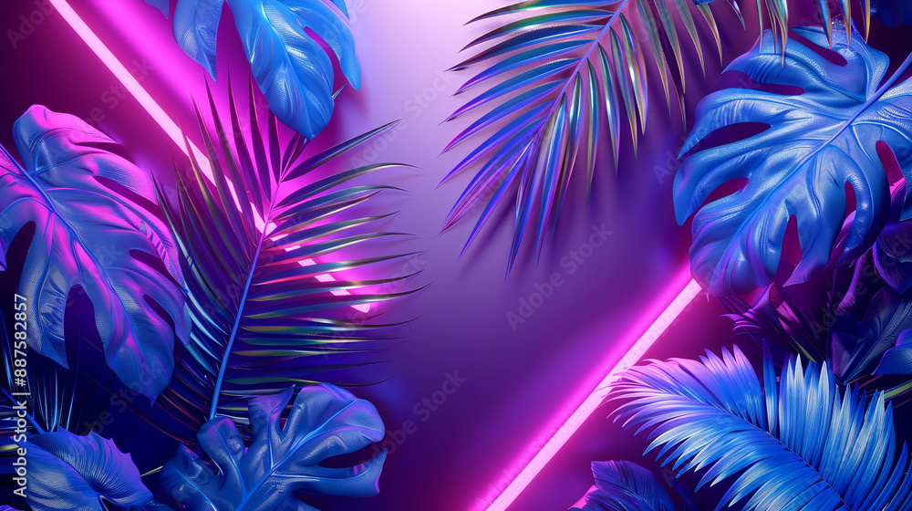 A striking design features modern neon glowing lights with vibrant blue tropical palm leaves set against a rich violet background. A striking design features modern neon glowing lights with vibrant blue tropical palm leaves set against a rich violet background.