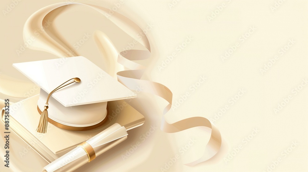 Academic Ceremony Invitation with White Hat and Diploma on Beige Background Academic Ceremony Invitation with White Hat and Diploma on Beige Background