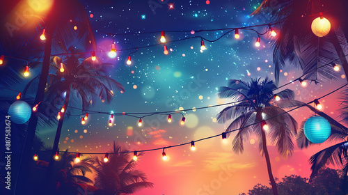 Obraz na płótnie A vibrant night summer party advertisement background features a dazzling array of colorful lights and a starry sky w salonie