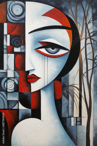 Abstract cubist or cubism style painting with a beautiful woman portrait and geometric shapes in red, blue, and white tones, circular and linear elements