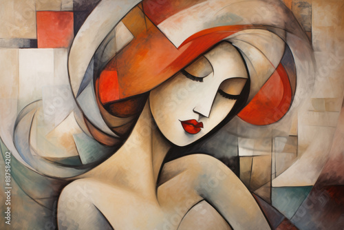 Abstract cubist or cubism style painting with a beautiful woman portrait and geometric shapes in red, blue, and white tones, circular and linear elements
