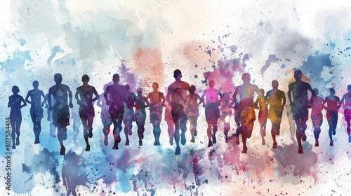 Watercolor design of many marathon runner