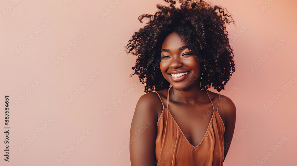 An Afro-American woman models a stylish brown sundress against a pastel background. Her confident pose and radiant smile highlight the dress's flowing silhouette, perfect for warm weather An Afro-American woman models a stylish brown sundress against a pastel background. Her confident pose and radiant smile highlight the dress's flowing silhouette, perfect for warm weather