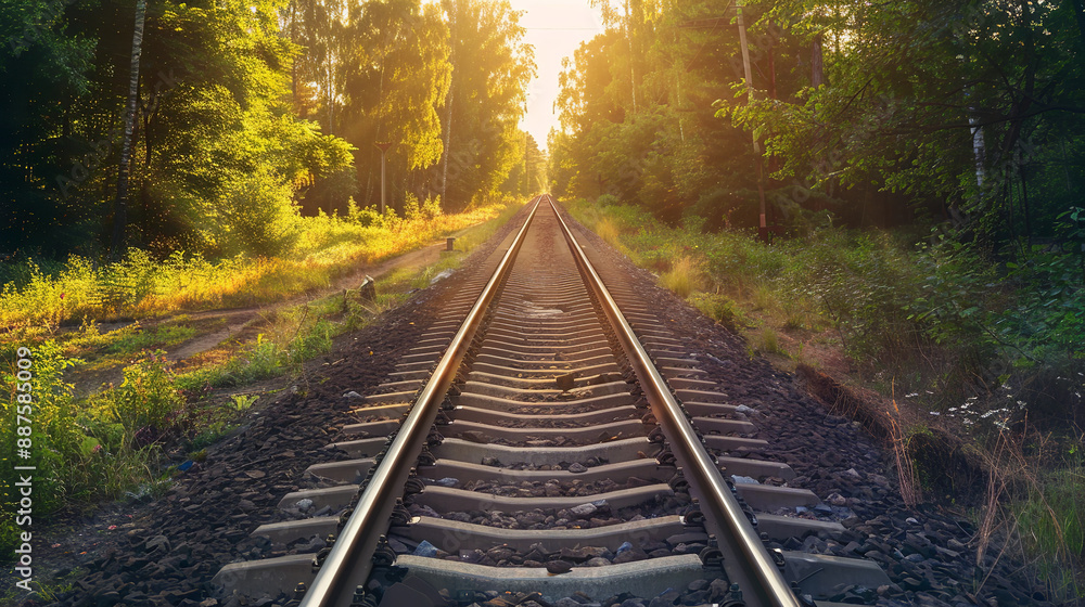 Empty railway tracks stretch through a lush summer landscape, the warm sunlight casting long shadows on the rails, evoking a sense of journey and adventure Empty railway tracks stretch through a lush summer landscape, the warm sunlight casting long shadows on the rails, evoking a sense of journey and adventure