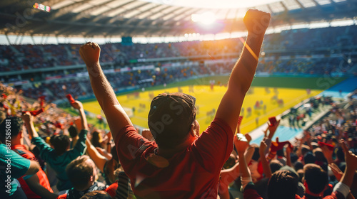 Excited sports fans cheer passionately in a bustling stadium, their energy electrifying the atmosphere during a daytime match