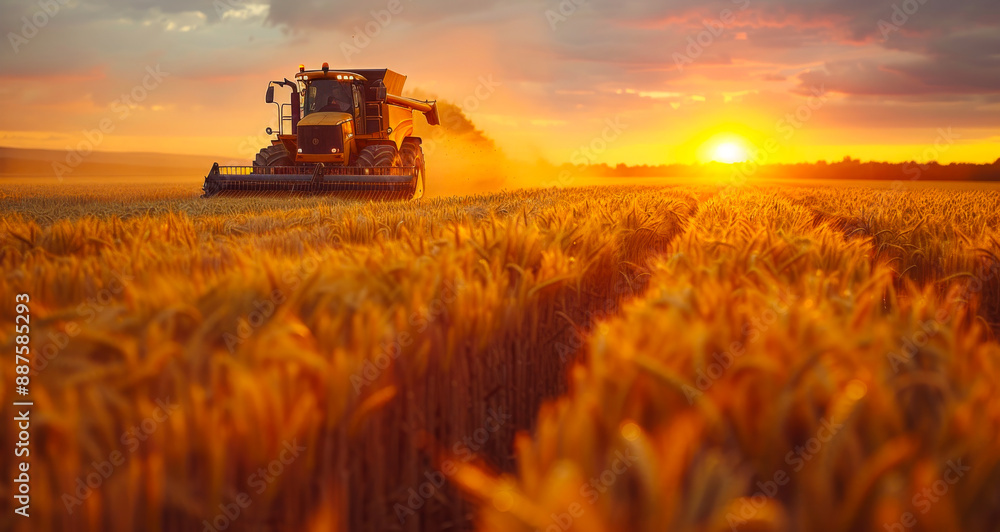 Fototapeta premium A tractor is driving through a field of golden wheat. The sun is setting in the background, casting a warm glow over the scene.