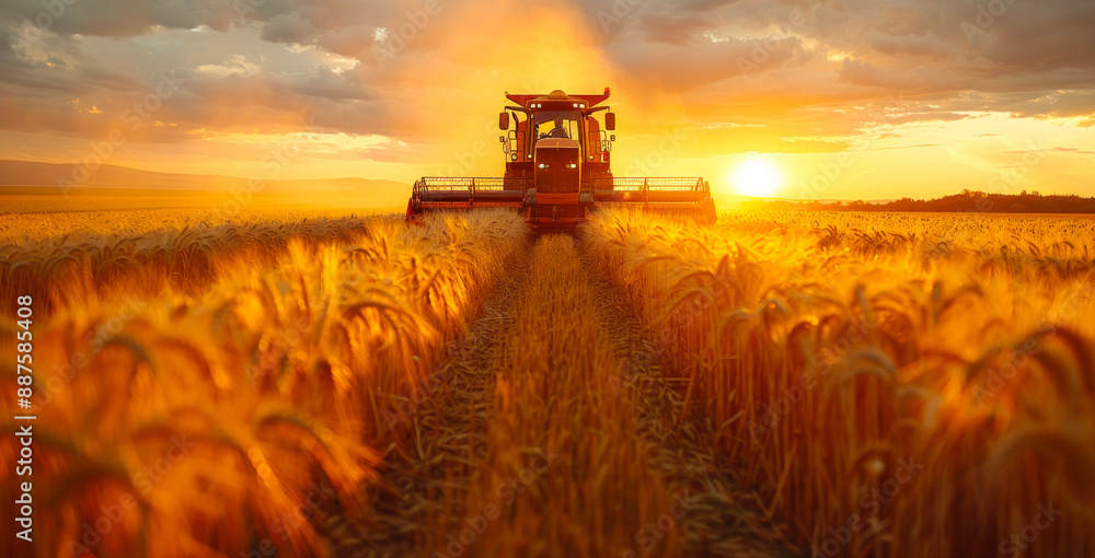Fototapeta premium A tractor is driving through a field of golden wheat