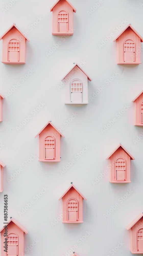 Minimalist Pastel Pink Houses Pattern on a Grey Background, Emulating a Sunny Day Ambiance in a Simple Artistic Composition Minimalist Pastel Pink Houses Pattern on a Grey Background, Emulating a Sunny Day Ambiance in a Simple Artistic Composition