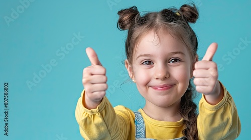 Smiling little girl giving thumbs up, on a solid color background.