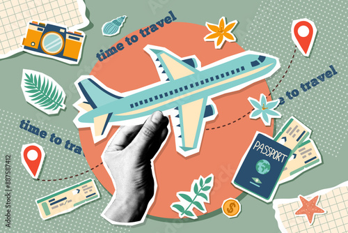 Summer vacation plane ticket. Summer and travel concept. Travel banner with stickers. Summer travel destinations.