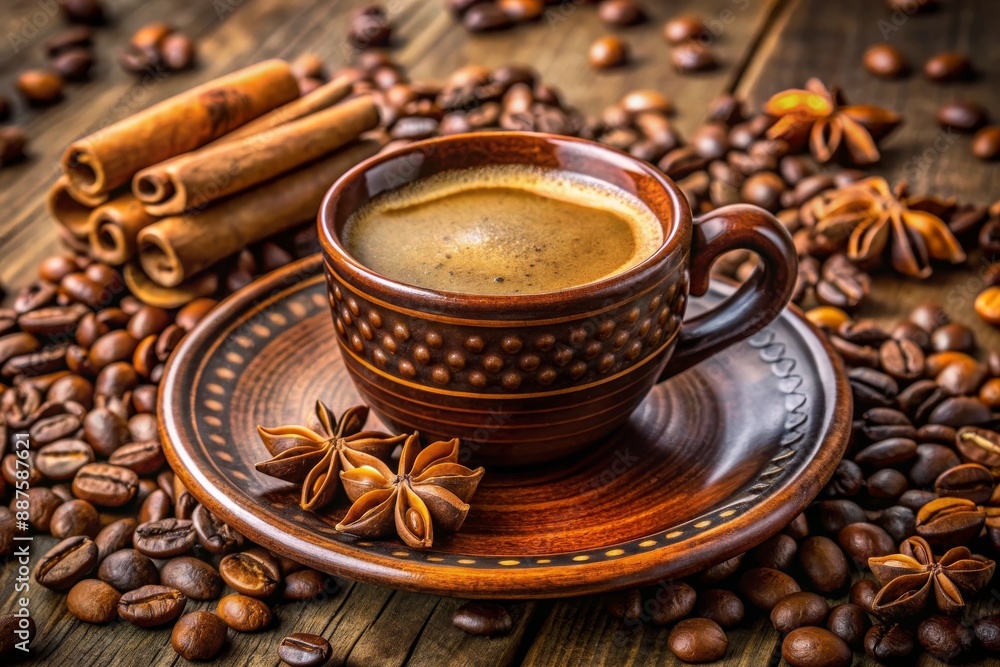 A cup of coffee with a flower on a saucer A cup of coffee with a flower on a saucer