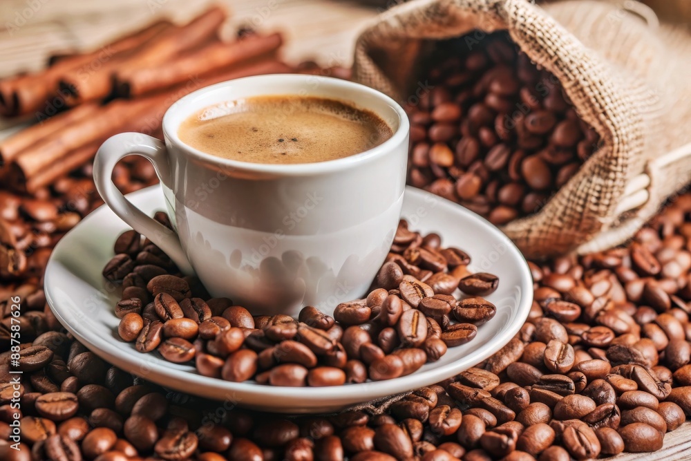 A cup of coffee with a flower on a saucer A cup of coffee with a flower on a saucer