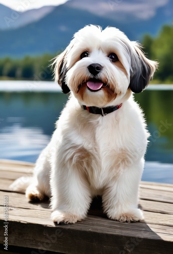 Havanese perched on a rustic wooden dock overlooking a serene mountain lake