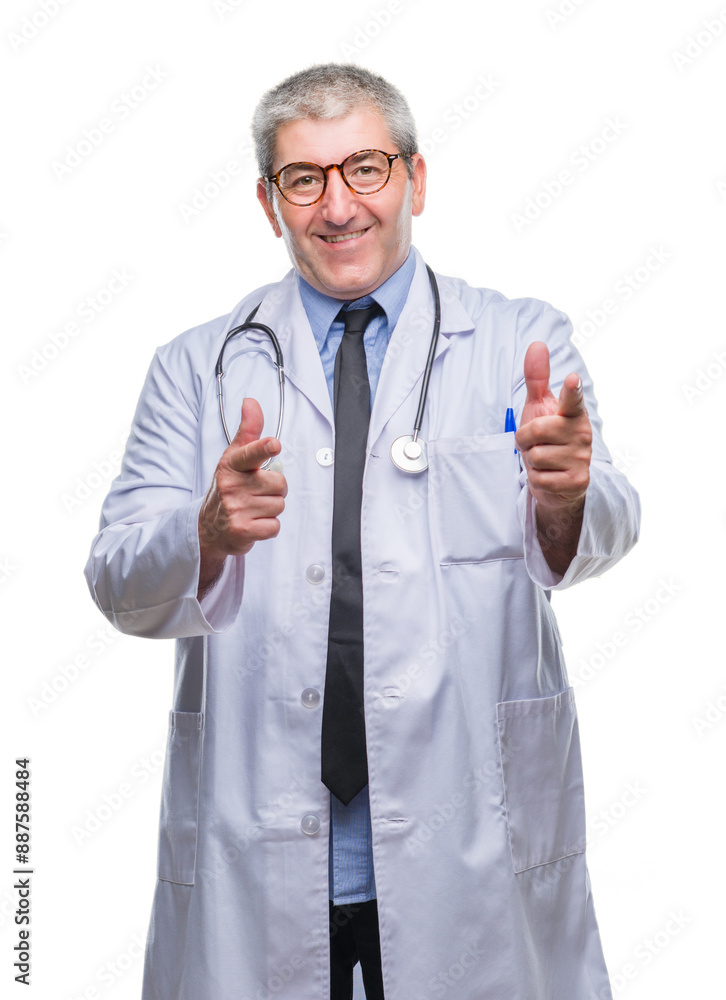 Handsome senior doctor man over isolated background pointing fingers to camera with happy and funny face. Good energy and vibes. Handsome senior doctor man over isolated background pointing fingers to camera with happy and funny face. Good energy and vibes.