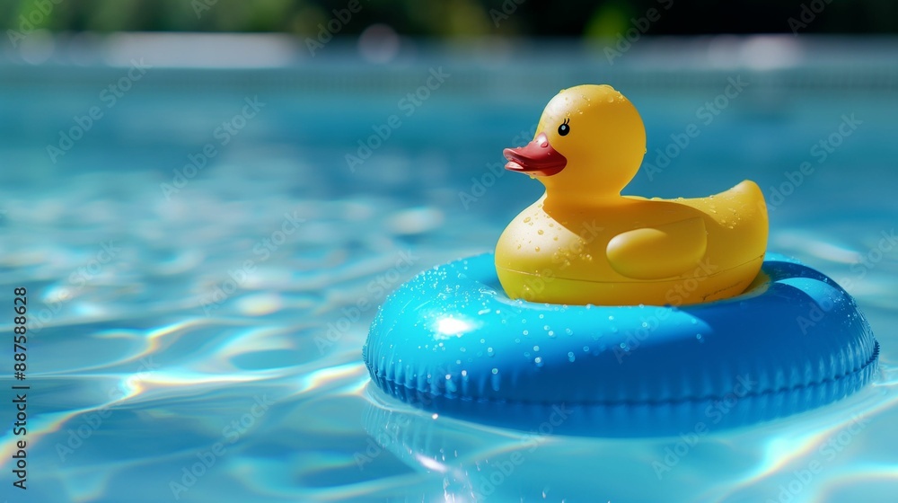 Yellow rubber duck on a blue float in a swimming pool. Yellow rubber duck on a blue float in a swimming pool.